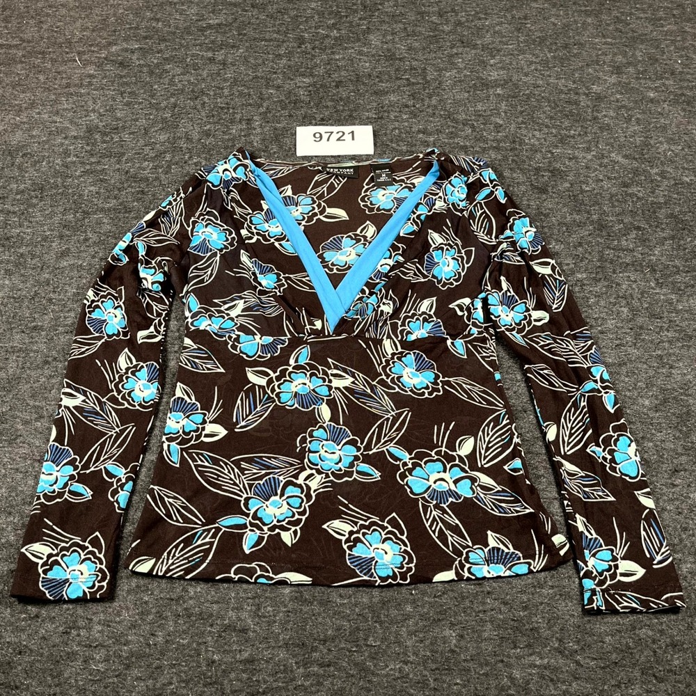 New York & Company Blouse Top Womens Medium Black Floral Nylon Plunge V Neck